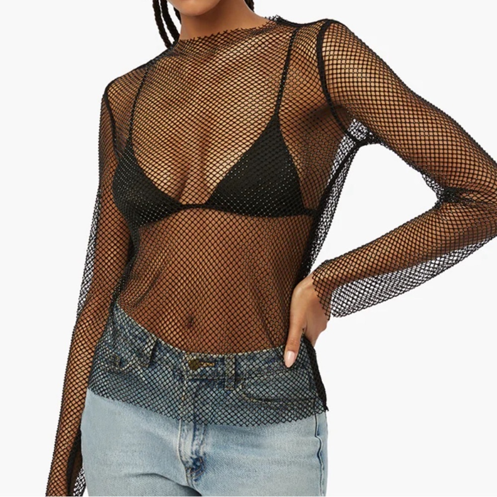 WeWoreWhat Crystal Mesh Mock Neck Top Size Medium